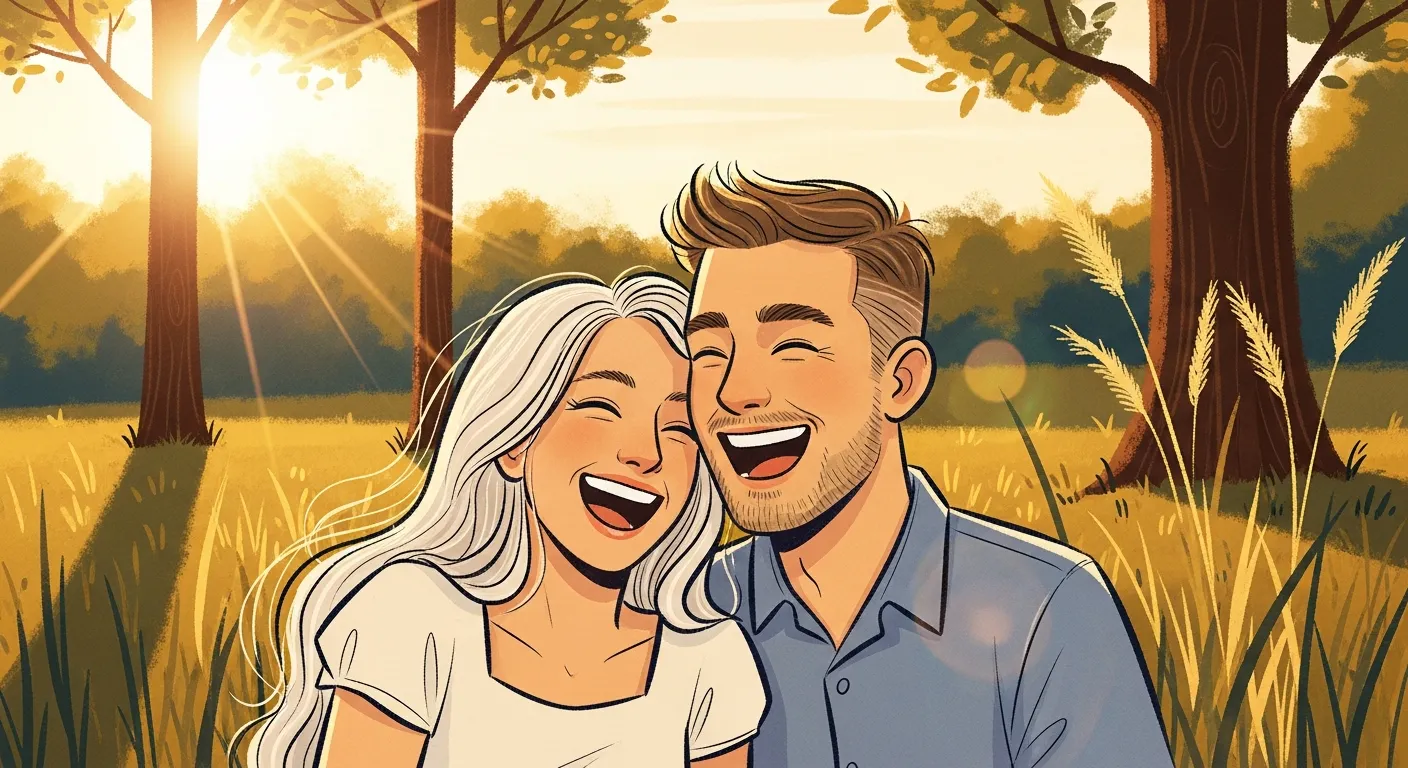 Couple laughing together naturally outdoors during a candid lifestyle photoshoot with warm golden light.