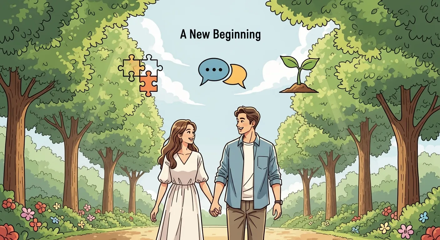 Happy couple walking together in a park, smiling and talking, symbolizing trust, communication, and a fresh start in a relationship.