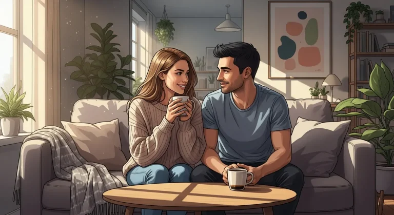 Happy lifestyle couple enjoying a peaceful morning together at home, sharing coffee and smiling in a cozy modern living space