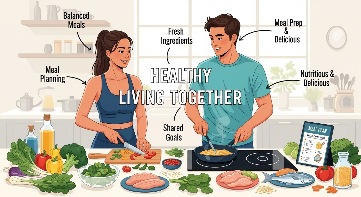Couple preparing and cooking healthy meals together in a kitchen, focusing on balanced nutrition and meal planning as part of a couple healthy lifestyle.