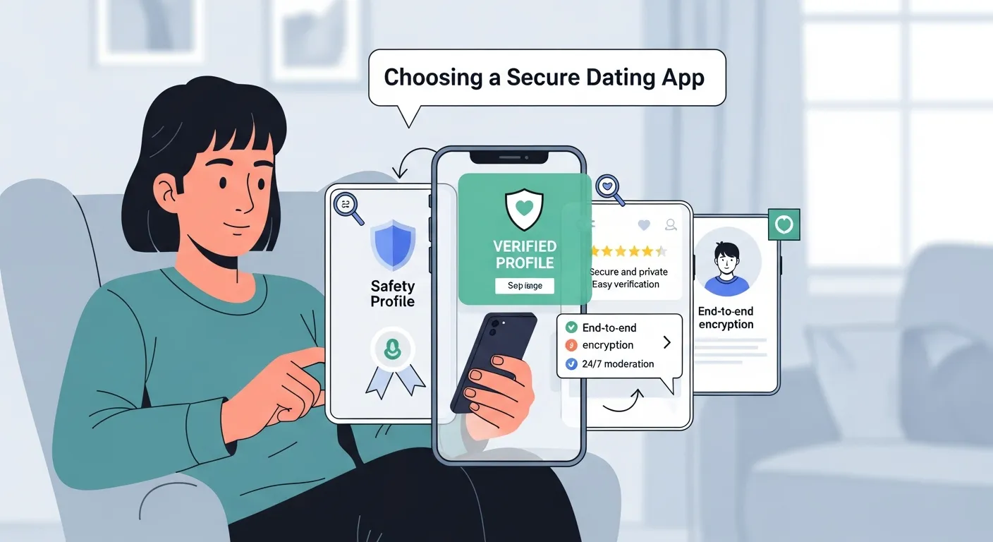 A person browsing different dating apps on a smartphone, comparing safety features, verification badges, and user reviews to choose a secure online dating platform.