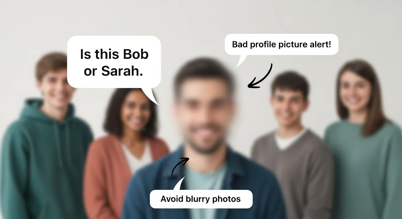 Blurry group photo where the main person is unclear, representing mistakes like poor quality images and confusing profile pictures.