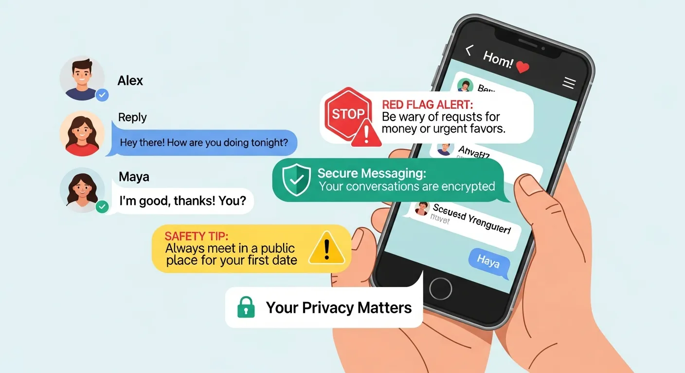 Two people chatting on a dating app with warning icons and safety reminders, representing secure messaging, red flag awareness, and cautious online communication.