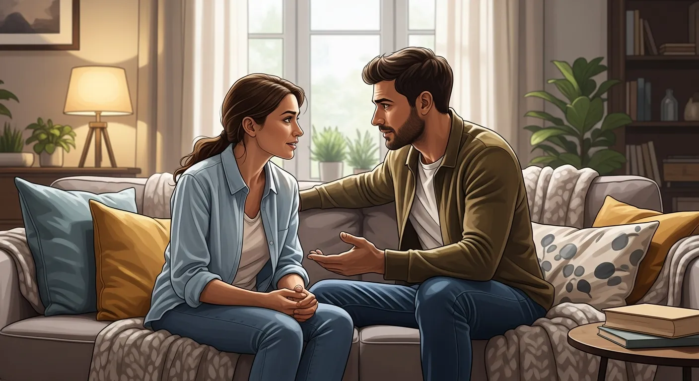 A couple sitting together on a sofa having an open and emotional conversation, showing active listening and trust in a warm home setting.