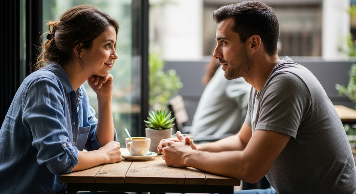 A couple talking calmly and openly, showing active listening, trust, and emotional communication in a healthy relationship.