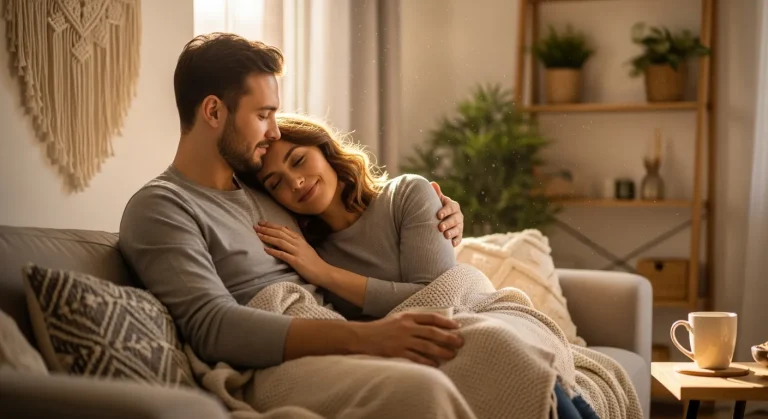 Happy couple enjoying a peaceful moment together at home in a warm lifestyle setting