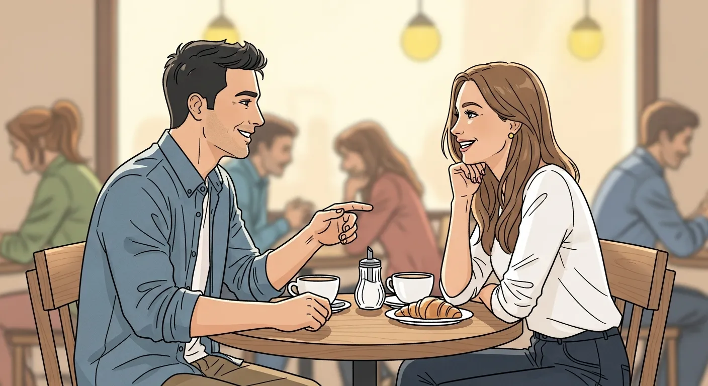 Two people sitting in a café on a first date, smiling and having an engaging conversation, showing active listening and positive body language during dating.