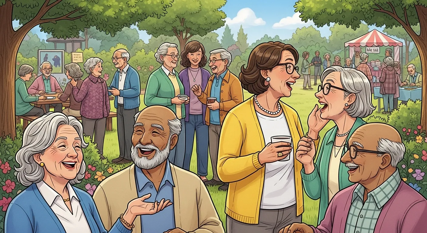 Group of seniors enjoying a community event together, laughing and engaging in conversation at a local gathering.