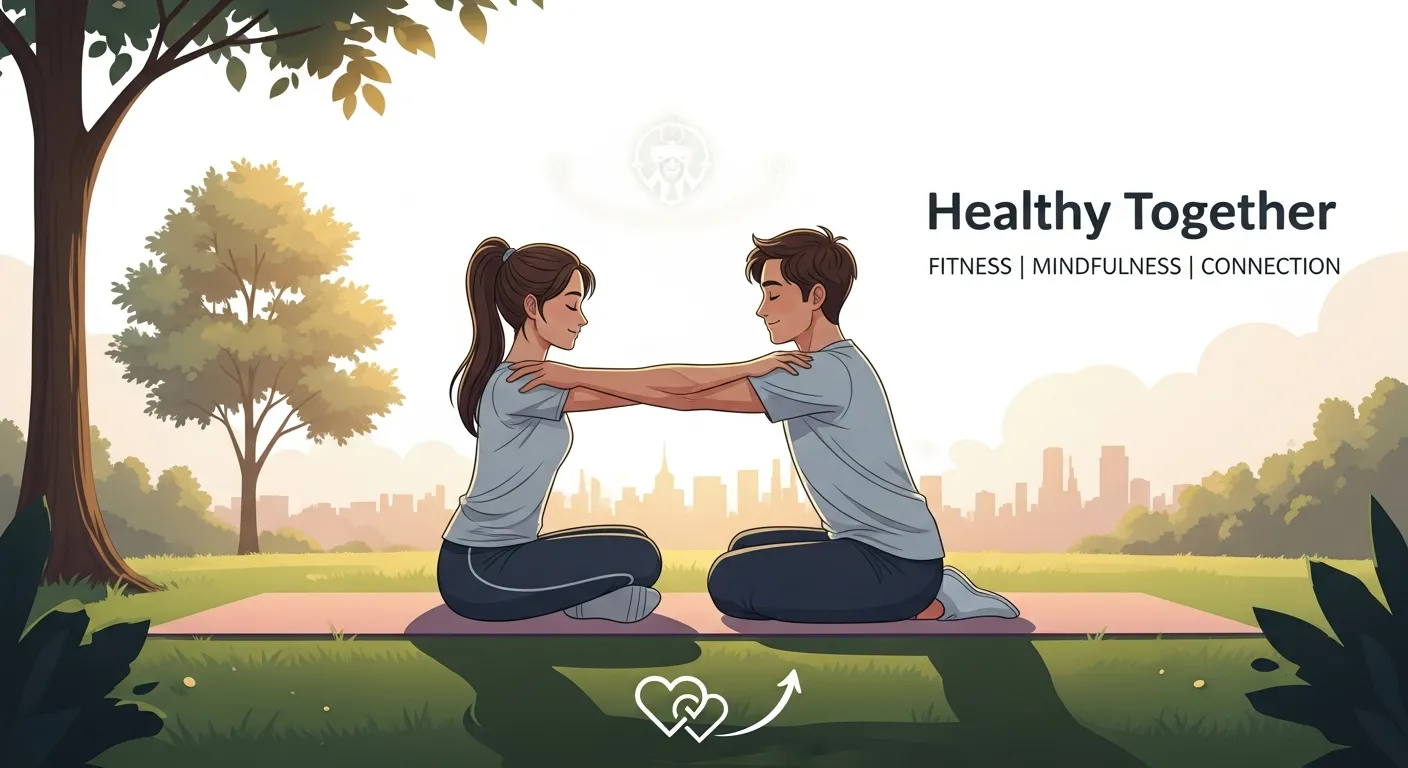 Couple exercising together outdoors and practicing mindfulness, showing fitness, emotional bonding, and mental wellness in a couple healthy lifestyle.