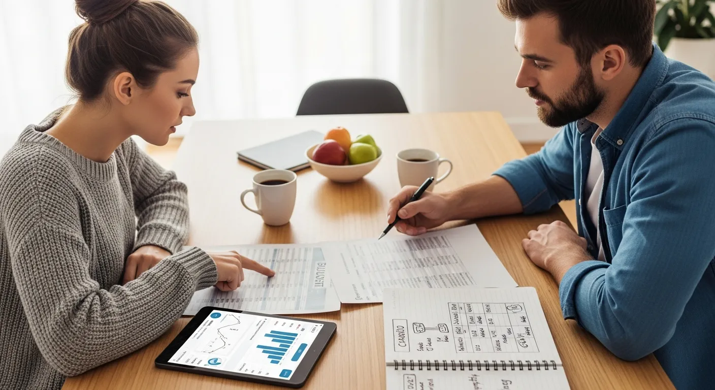 A couple reviewing a budget and workout plan together at a table, symbolizing financial planning, health goals, and long-term relationship strategy.