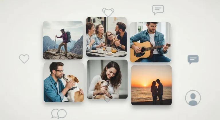 Internet dating profile setup with user creating an online dating bio on mobile app