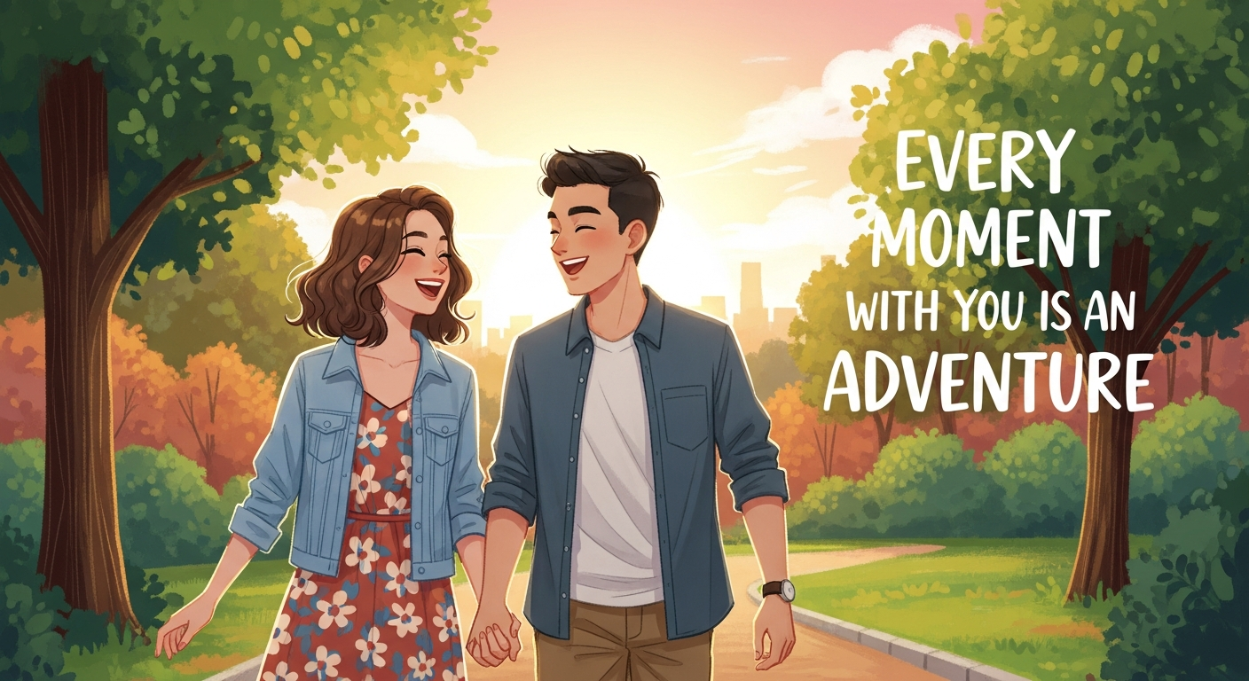 A couple enjoying a relaxed outdoor activity like walking in a park, smiling and laughing together.