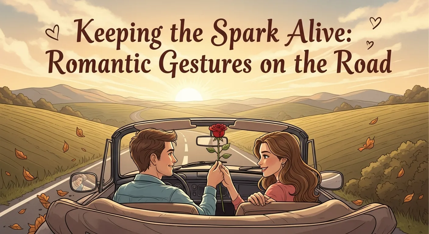 Romantic travel moments featuring couples sharing intimate gestures like sunset picnics, candlelight dinners, and surprise experiences during their getaway.