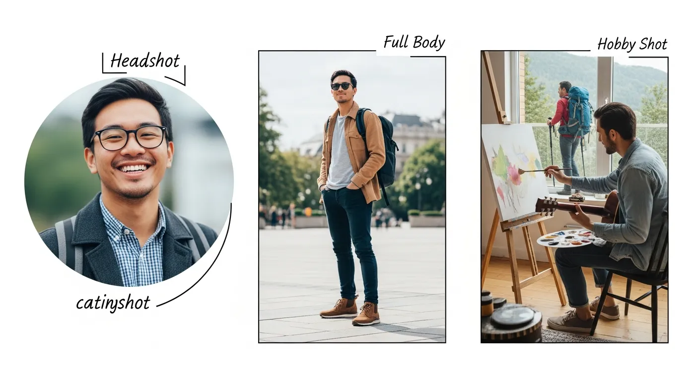 Collage of profile images including headshot, full-body photo, and hobby activity shot, showing essential photo types for a dating profile.