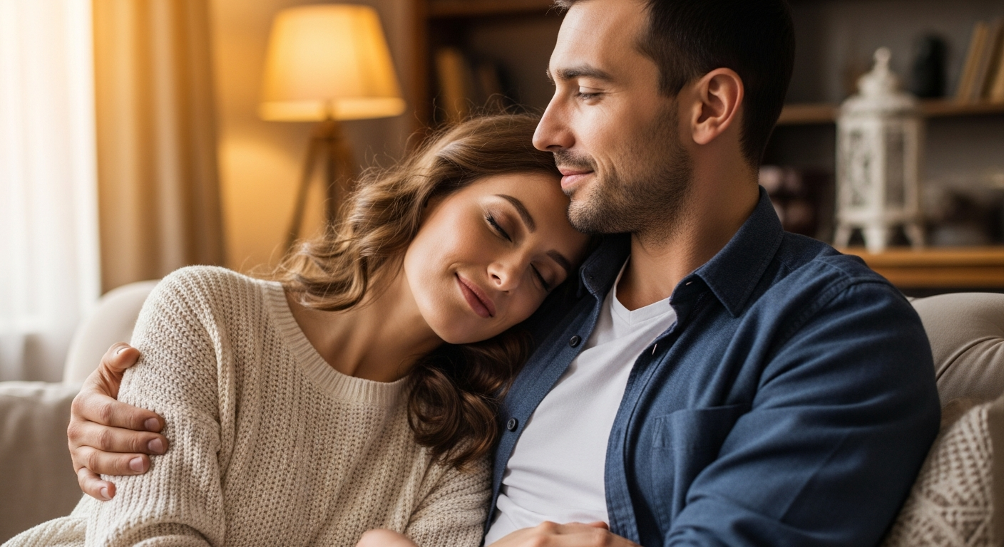 A happy couple showing affection and emotional closeness, representing intimacy, care, and strong relationship connection.