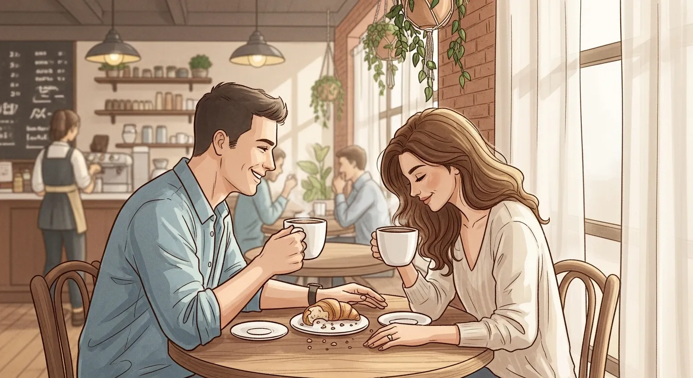 Couple enjoying coffee together at a cozy café, capturing intimate everyday lifestyle photography moments.