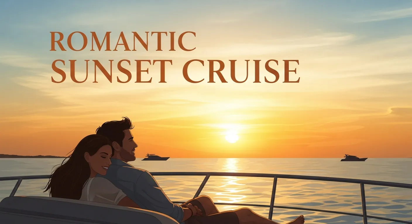 Couple relaxing on a sunset cruise with ocean view and warm golden sky creating a romantic atmosphere
