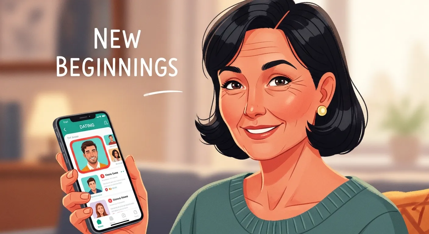 Mature individual using a dating app on a smartphone with a relaxed smile, representing confidence in modern dating after divorce.