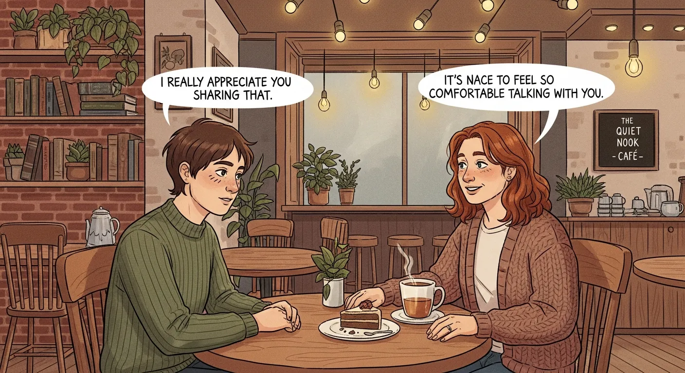 Two people having a relaxed conversation at a cozy café, showing active listening, open-ended communication, and a comfortable introvert-friendly dating environment.