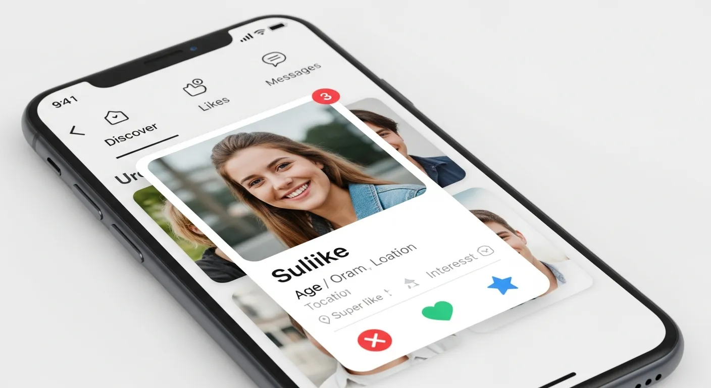 Mobile screen showing a dating app interface with match suggestions, likes, and profile browsing features, illustrating how users explore matches.