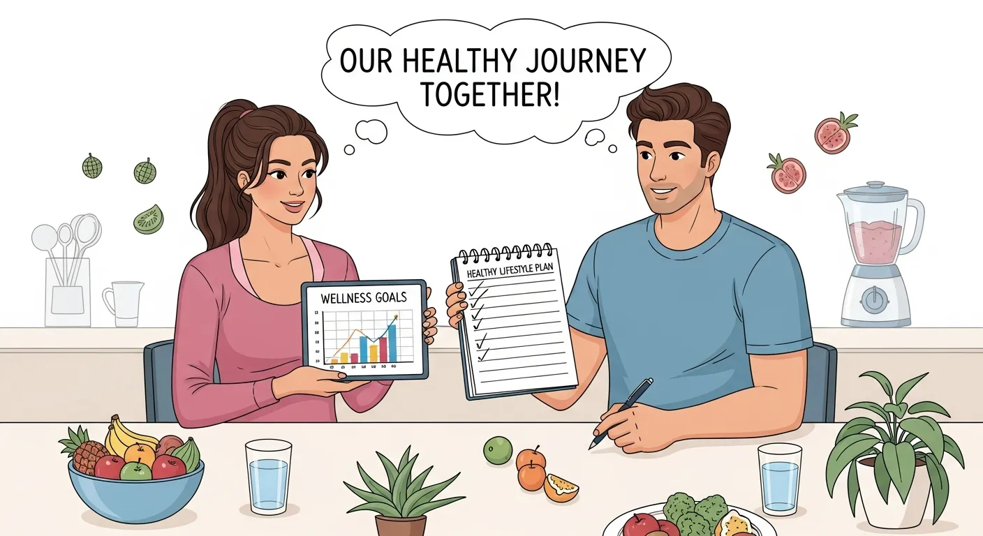 Couple discussing and planning a healthy lifestyle together, setting shared wellness goals, and supporting each other’s fitness and nutrition journey.