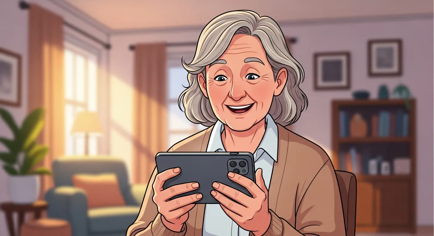 Older adult using smartphone to create online dating profile with happy expression in a cozy home environment.