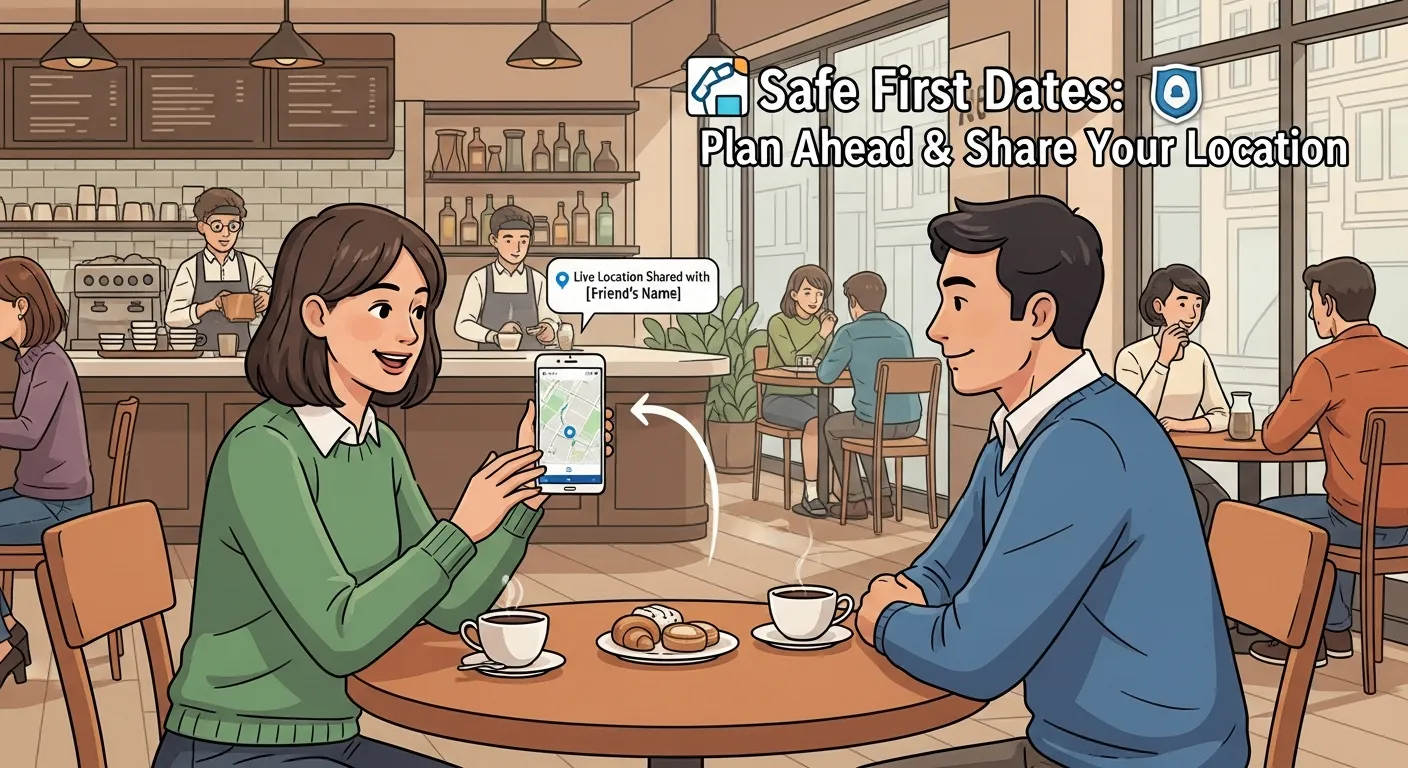 A first date in a busy public café with one person sharing their live location with a friend on a smartphone, showing safe planning and public meetup practices.