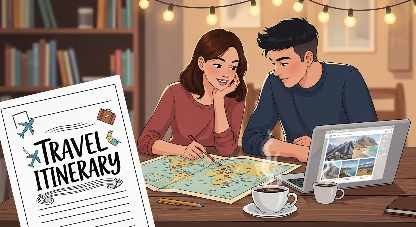 Couple planning travel itinerary together with map, laptop, and coffee in a cozy setting