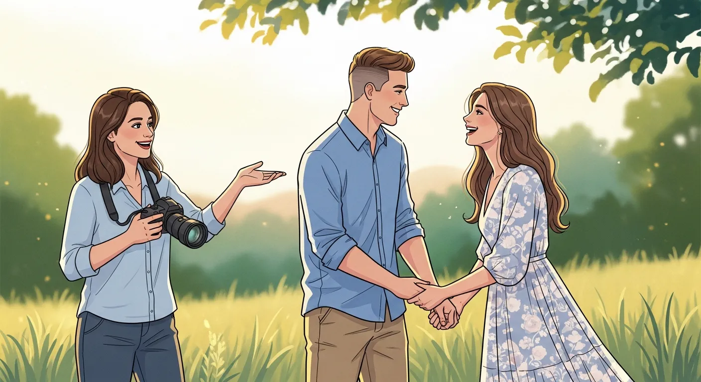 Photographer guiding a couple with fun prompts instead of stiff poses during an outdoor romantic photoshoot.