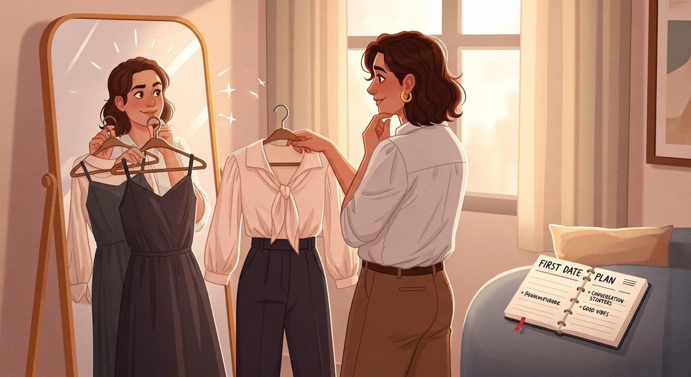 A person choosing outfit, checking mirror, and preparing mentally before a first date, showing confidence-building and planning for a successful dating experience.