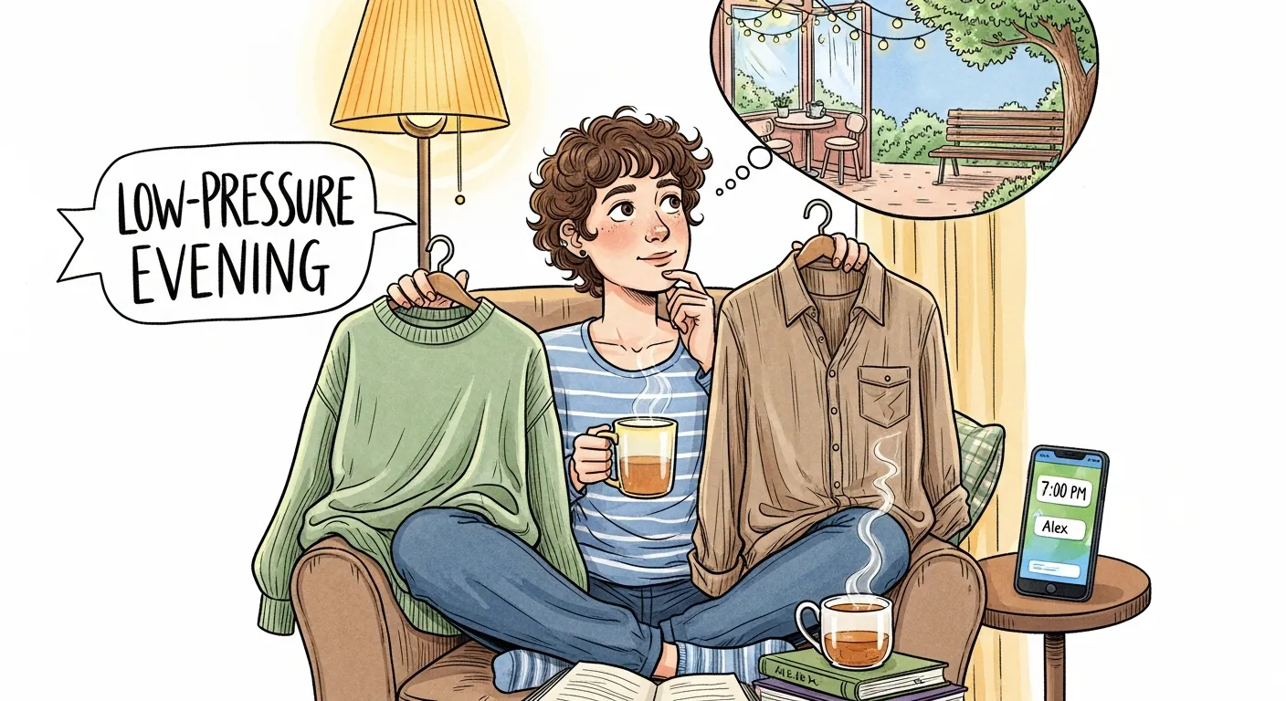 An introvert preparing for a date at home, selecting a comfortable outfit and relaxing before heading to a calm café or park setting for a low-pressure meeting.