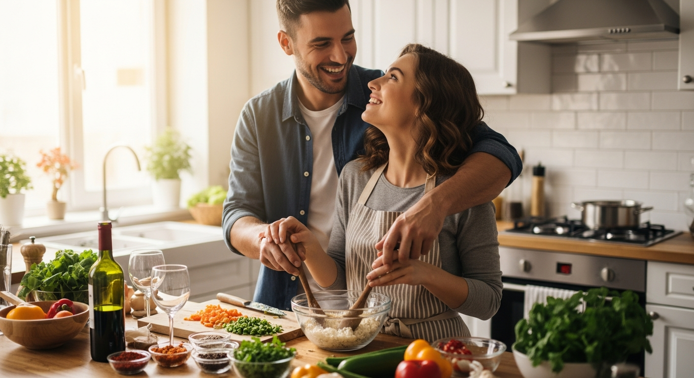 A couple enjoying a romantic date, cooking together and sharing activities that strengthen their bond and relationship lifestyle.