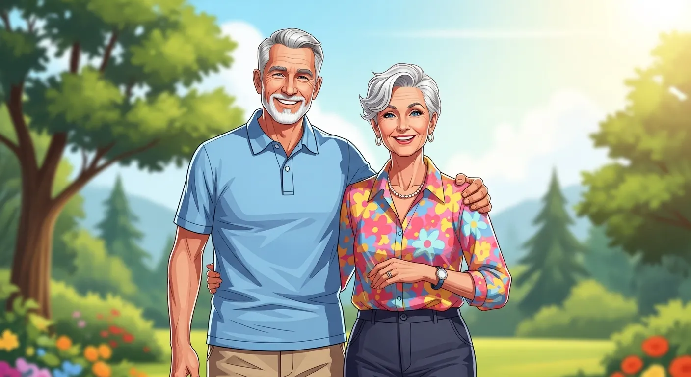 Senior man and woman smiling confidently in casual outdoor setting, symbolizing renewed confidence after retirement.