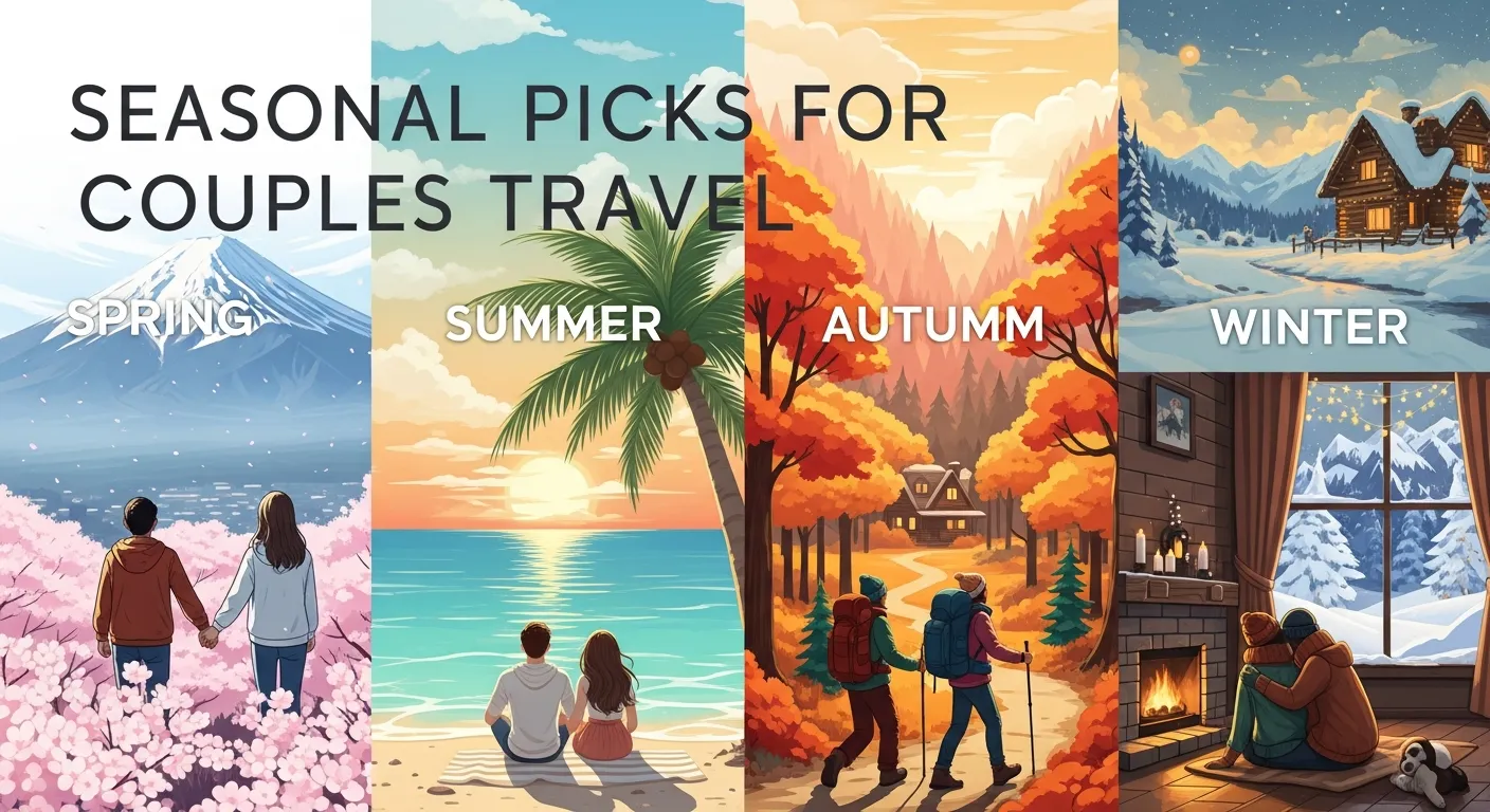 Romantic seasonal travel experiences showing couples enjoying spring blossoms, summer beaches, autumn foliage, and winter snowy retreats.