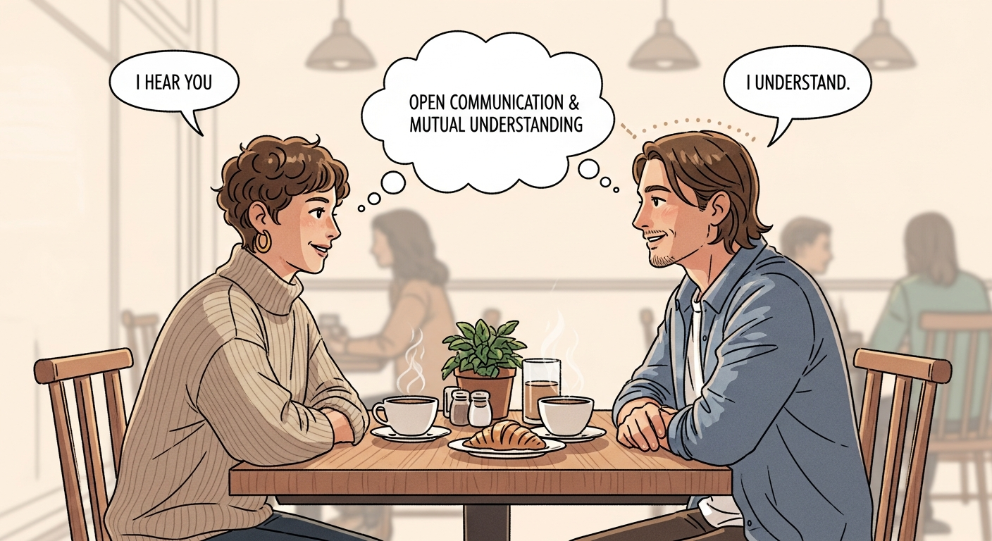 Two people having a calm conversation in a café, showing open communication and mutual understanding.