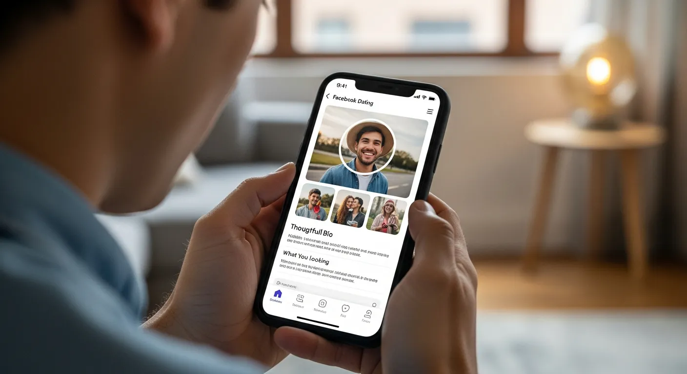 Person creating a dating profile on a smartphone with clear photos and a well-written bio, representing an optimized Facebook Dating profile setup.