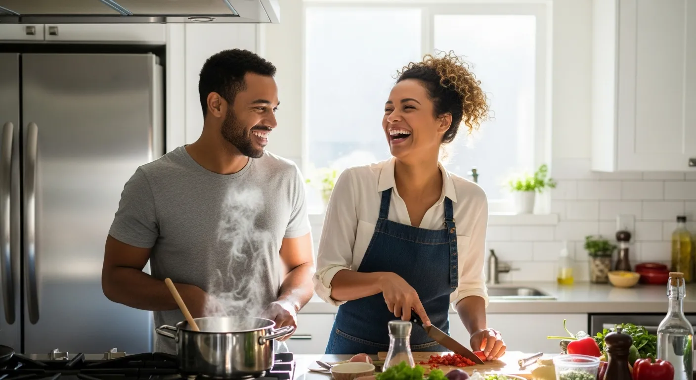 A happy couple cooking together in a kitchen while laughing, representing shared hobbies, bonding activities, and everyday lifestyle connection.