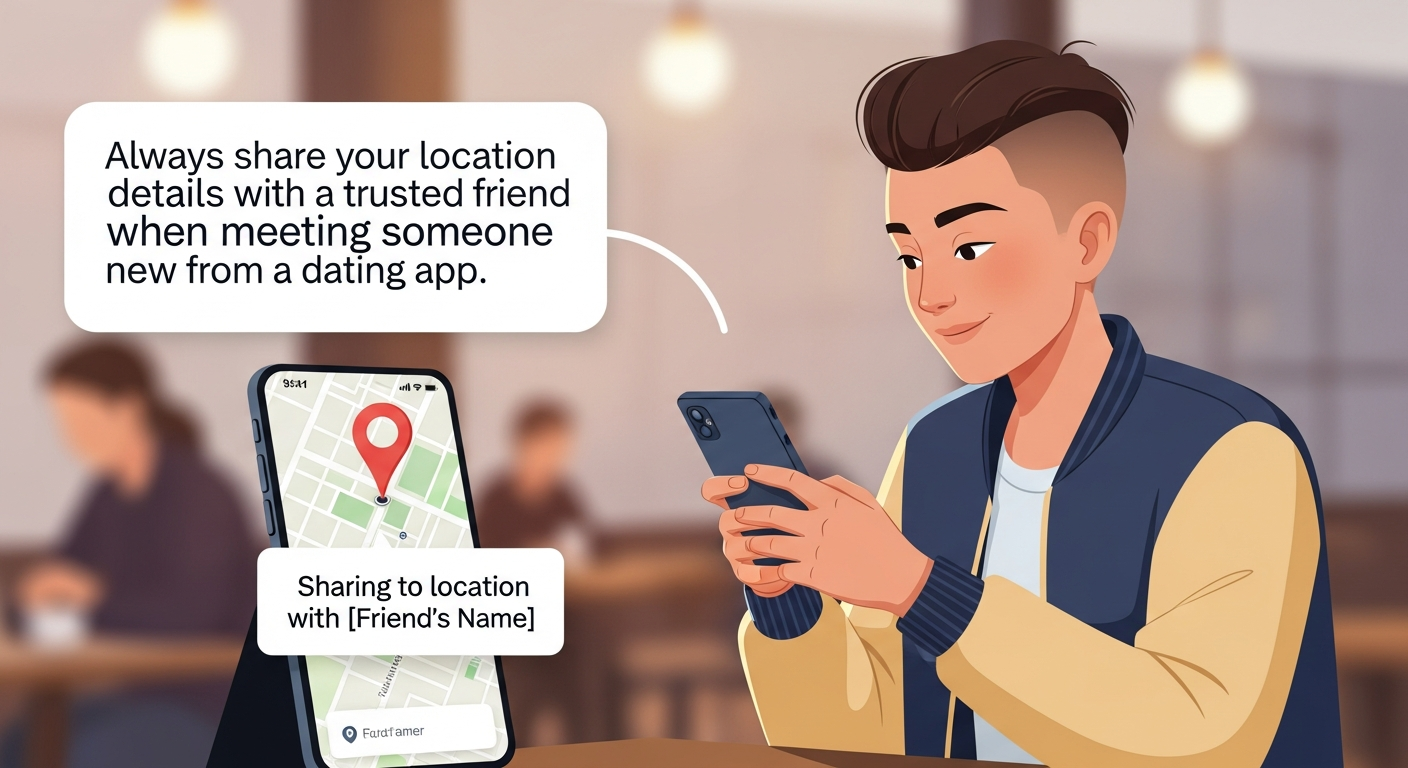A person checking their phone and sharing location details before meeting someone, highlighting safety awareness in dating.