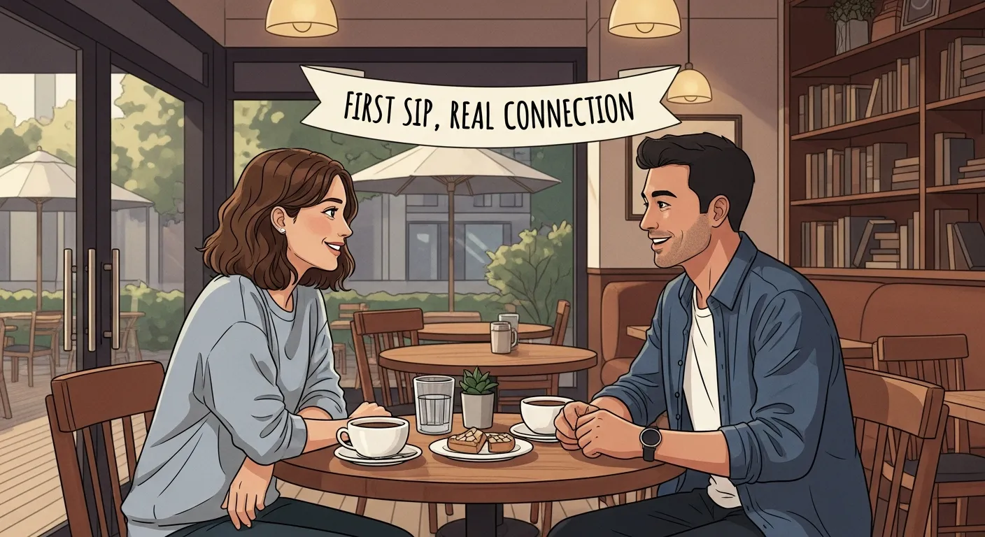 Two people sitting at a calm café having a friendly conversation, showing a low-pressure first date focused on comfort, communication, and genuine connection.