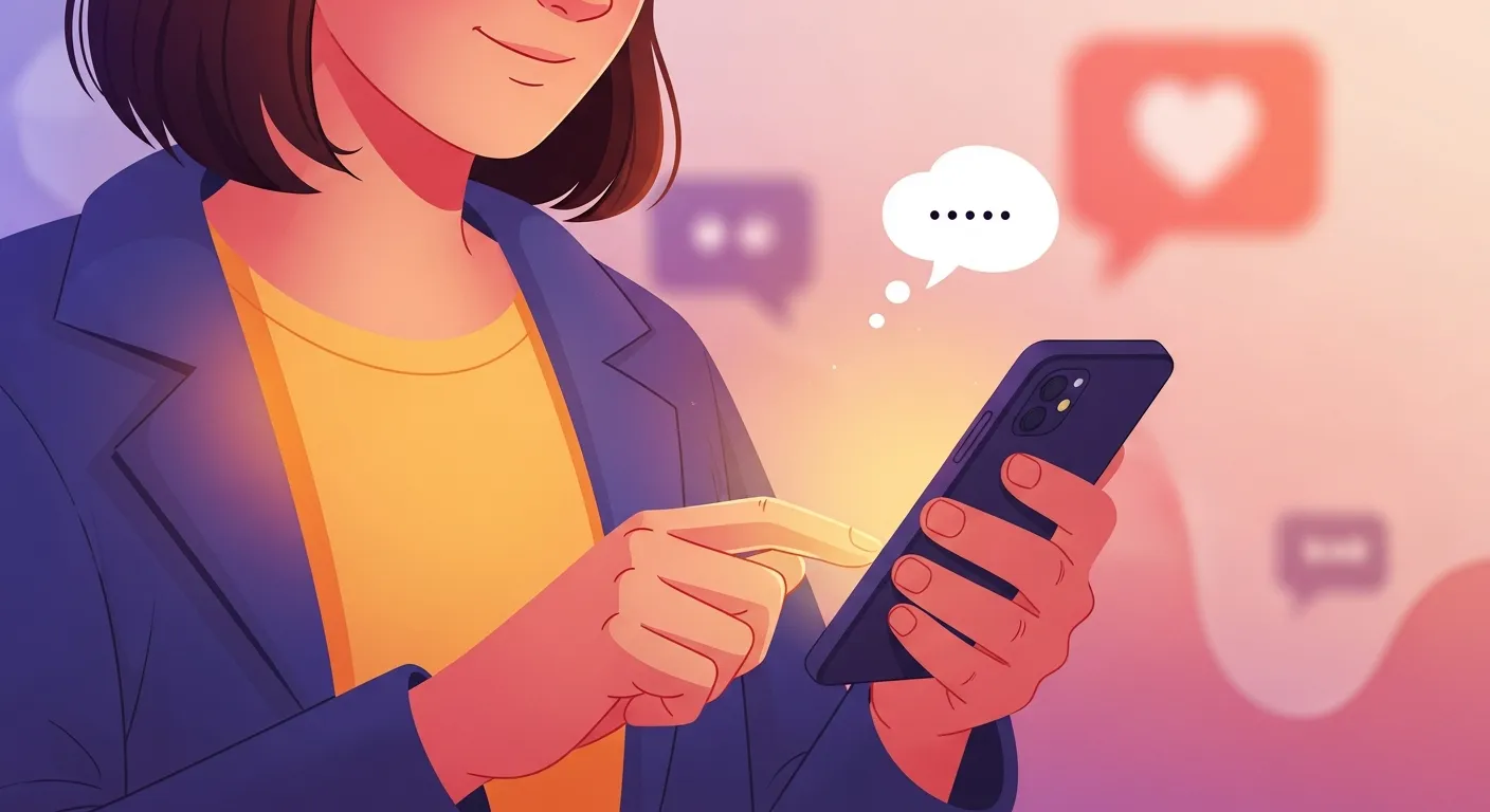 Person typing a thoughtful message on a smartphone with a smile, representing engaging and personalized first messages in online dating.