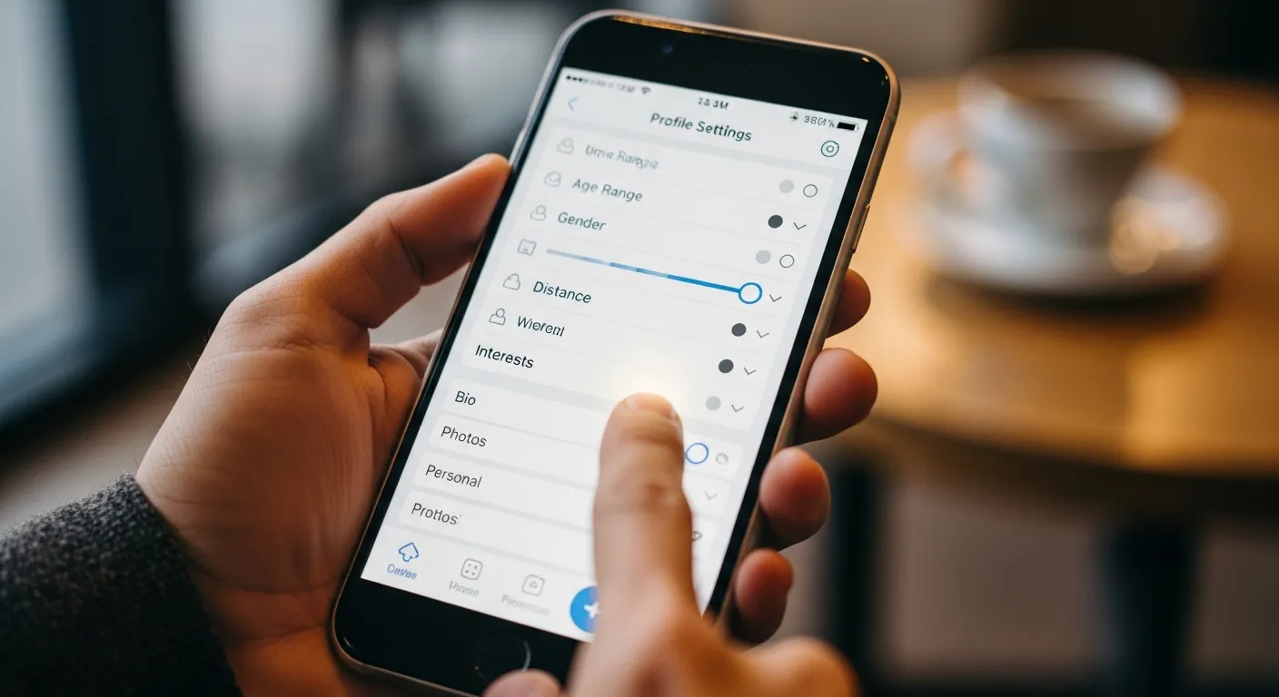 A person carefully selecting preferences and profile settings on a dating app, representing how users define their ideal match and target audience in online dating.