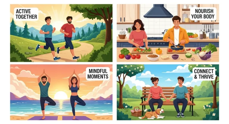 A couple enjoying a healthy lifestyle together, engaging in outdoor exercise, preparing nutritious meals, and sharing moments of wellness, fitness, and emotional bonding in a positive, active environment.