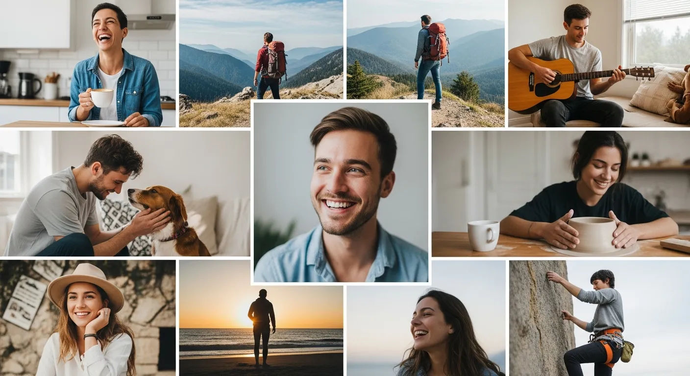 A variety of high-quality dating profile photos including smiling headshots, lifestyle shots, and outdoor images showing how good photography improves online dating profiles