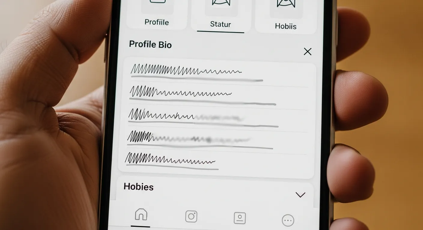 A smartphone screen showing a user writing a creative dating bio with engaging sentences and personality-driven descriptions for an online dating profile.
