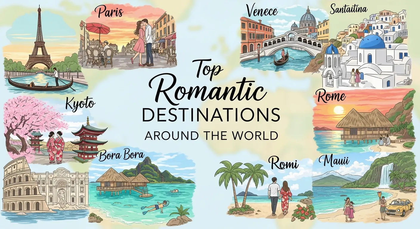 Couples enjoying iconic romantic destinations including Paris, Santorini, Bali, and Tuscany during scenic and intimate travel moments.