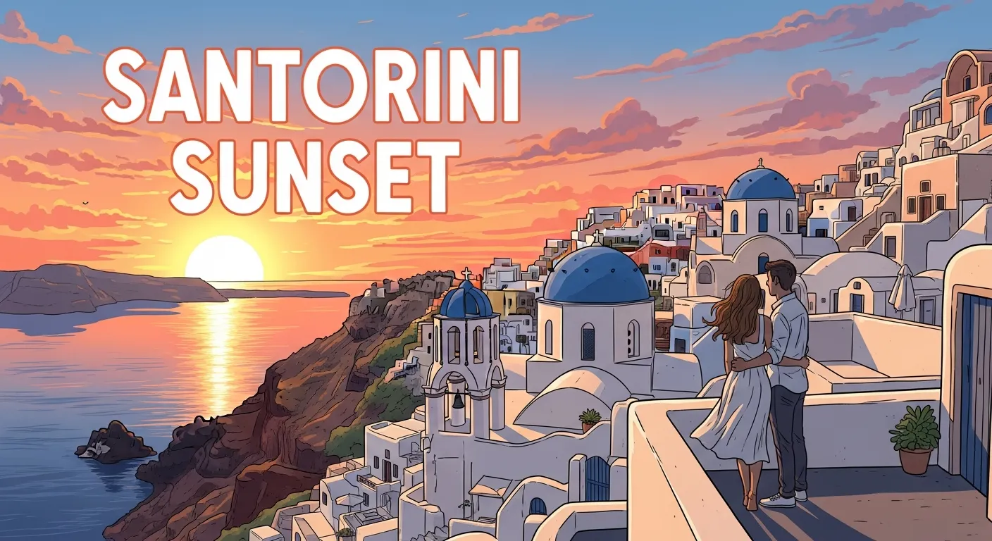 Couple enjoying sunset view in Santorini with white buildings and blue domes overlooking the sea