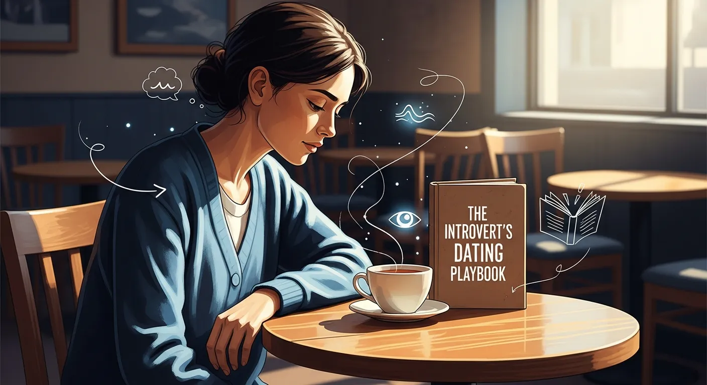 A thoughtful person sitting alone in a quiet café reflecting peacefully, symbolizing introversion, self-awareness, and emotional energy management in dating situations.