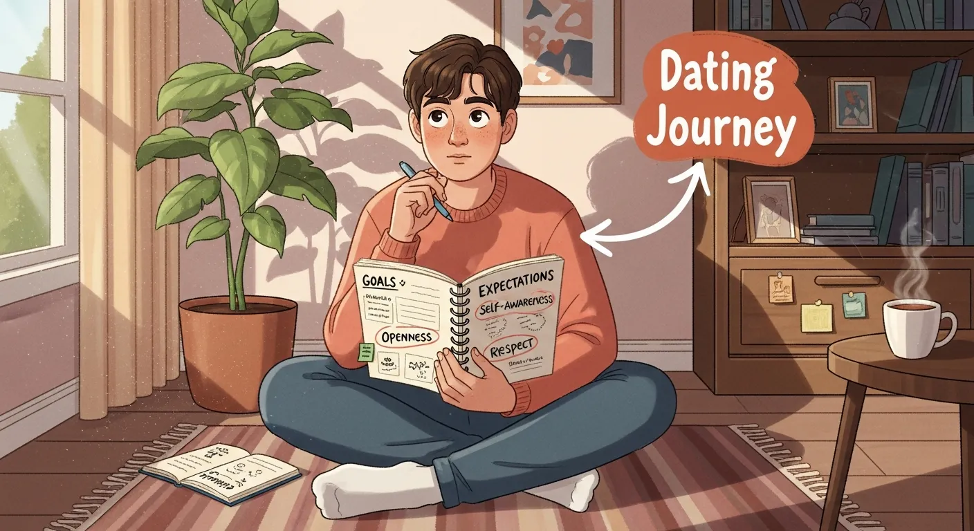 A person journaling in a quiet room, reflecting on personal goals, values, and relationship expectations before starting their dating journey.