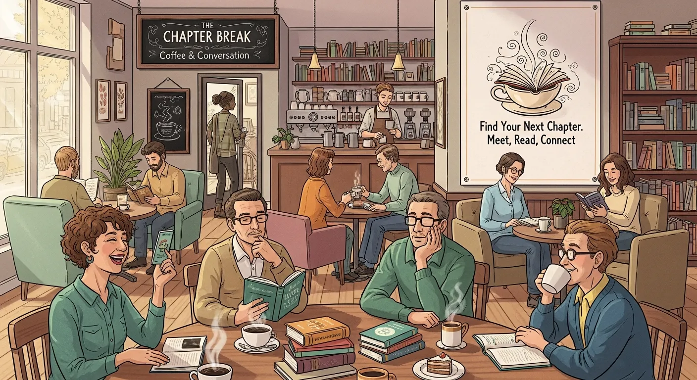 People interacting in a cozy book club and coffee shop setting, representing relaxed social environments where beginners can meet potential dating partners naturally.