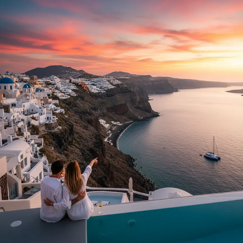 Sunset over Santorini’s cliffside villages: white-washed buildings and blue domed churches perched on volcanic cliffs, a private plunge pool overlooking Caldera Bay, fiery reds and pinks streaking the Aegean sky, black-sand beach in the foreground and a private catamaran sailing nearby
